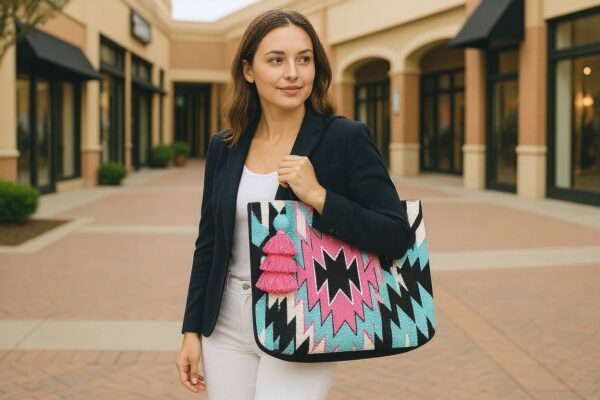 geometric tassel tote bag